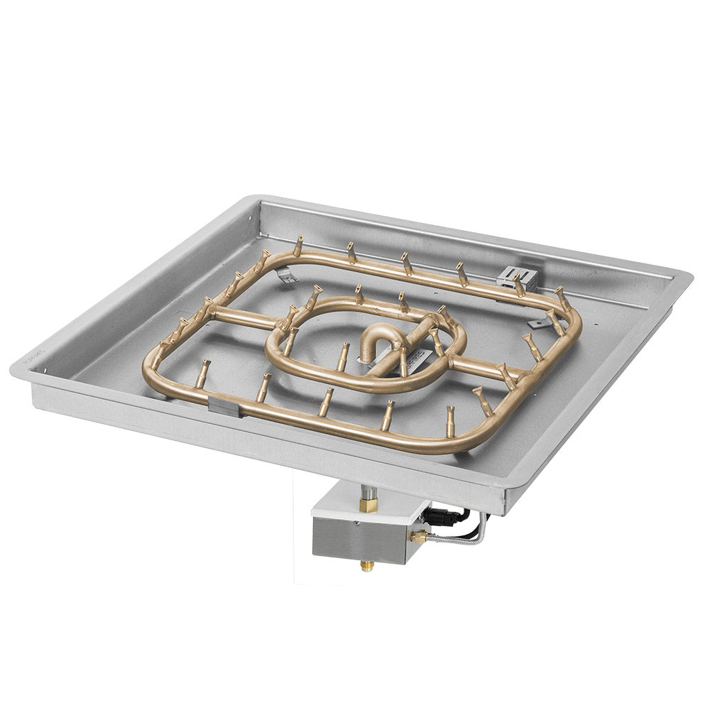 Gas fire pit burner kit: square metal pan with brass burner ring and ignition module