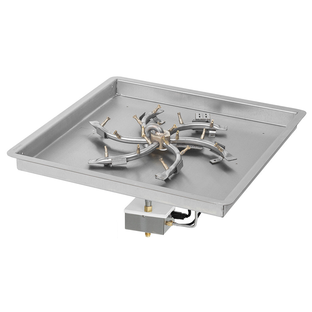 Stainless steel gas fire pit burner kit with square pan and brass ignition assembly