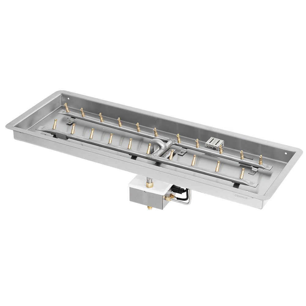 Stainless steel linear H-style gas burner with electronic ignition and spark electrodes