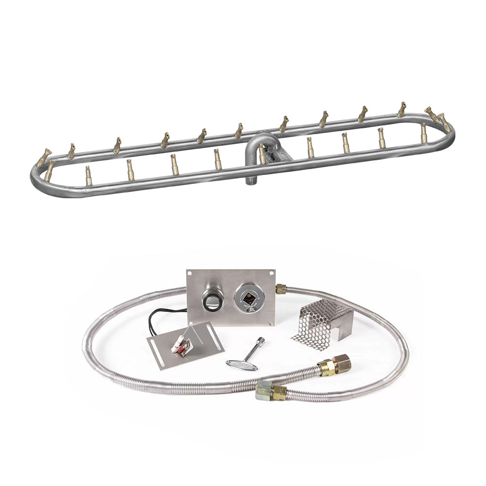 Stainless steel rectangle gas burner kit with bullet ignition ports and hoses