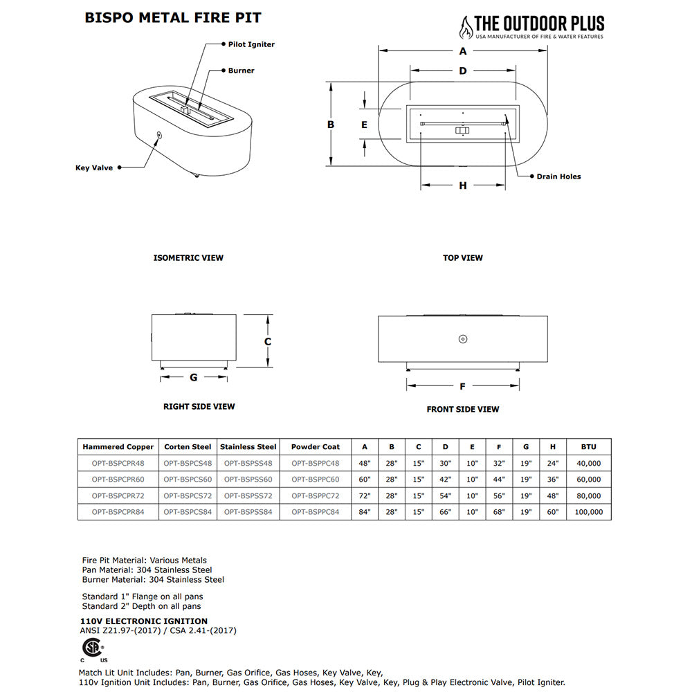 TOP Fires by The Outdoor Plus Bispo Oval Powder Coated Steel Gas Fire Pit
