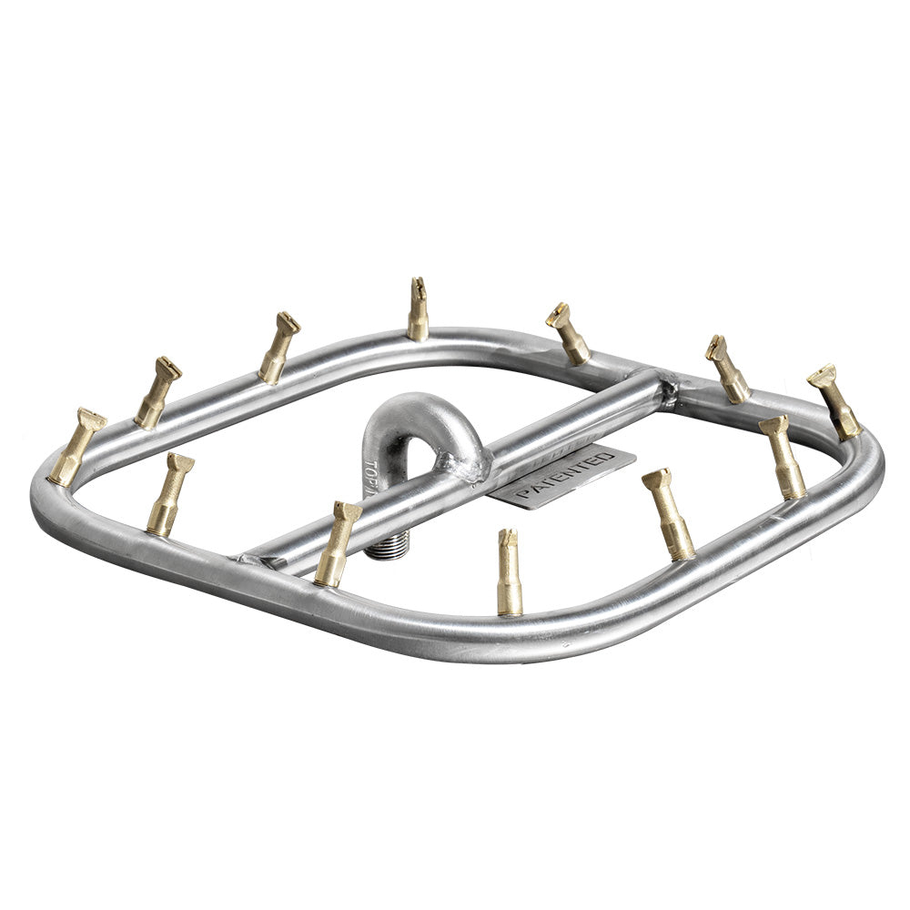 Stainless steel square bullet burner with central loop handle and brass burner tips