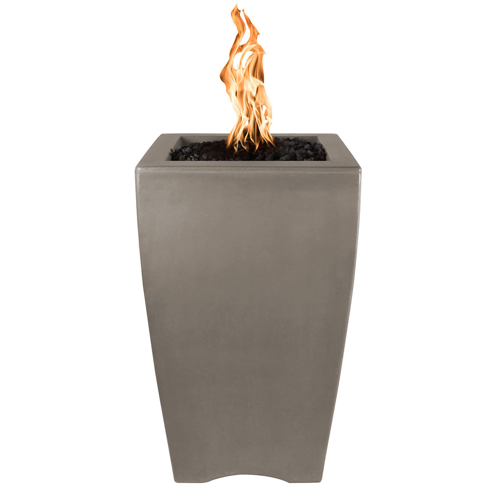 Concrete fire pillar with orange flame, gray exterior, square tapered body