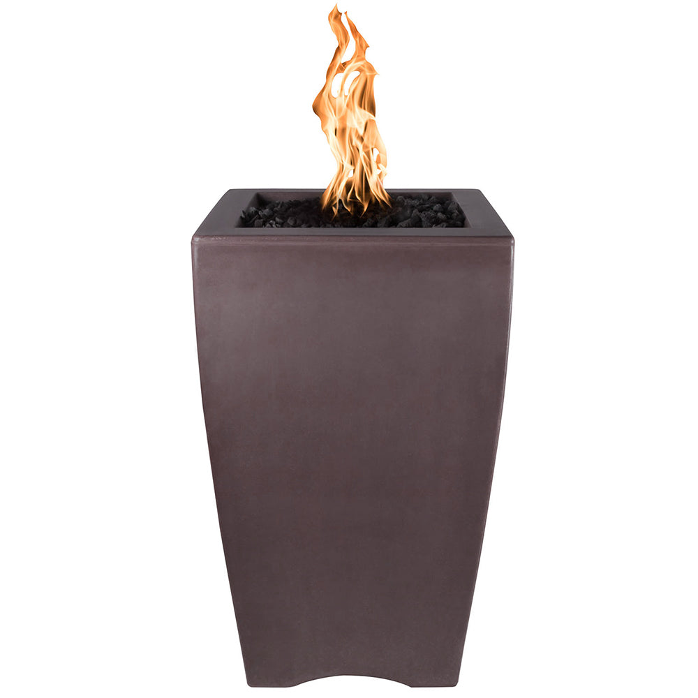 Concrete fire pillar with orange flame, dark taupe exterior, square tapered body