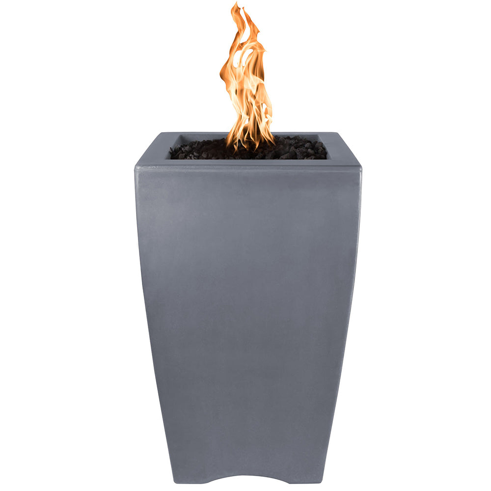 Concrete fire pillar with orange flame, charcoal gray exterior, square tapered body