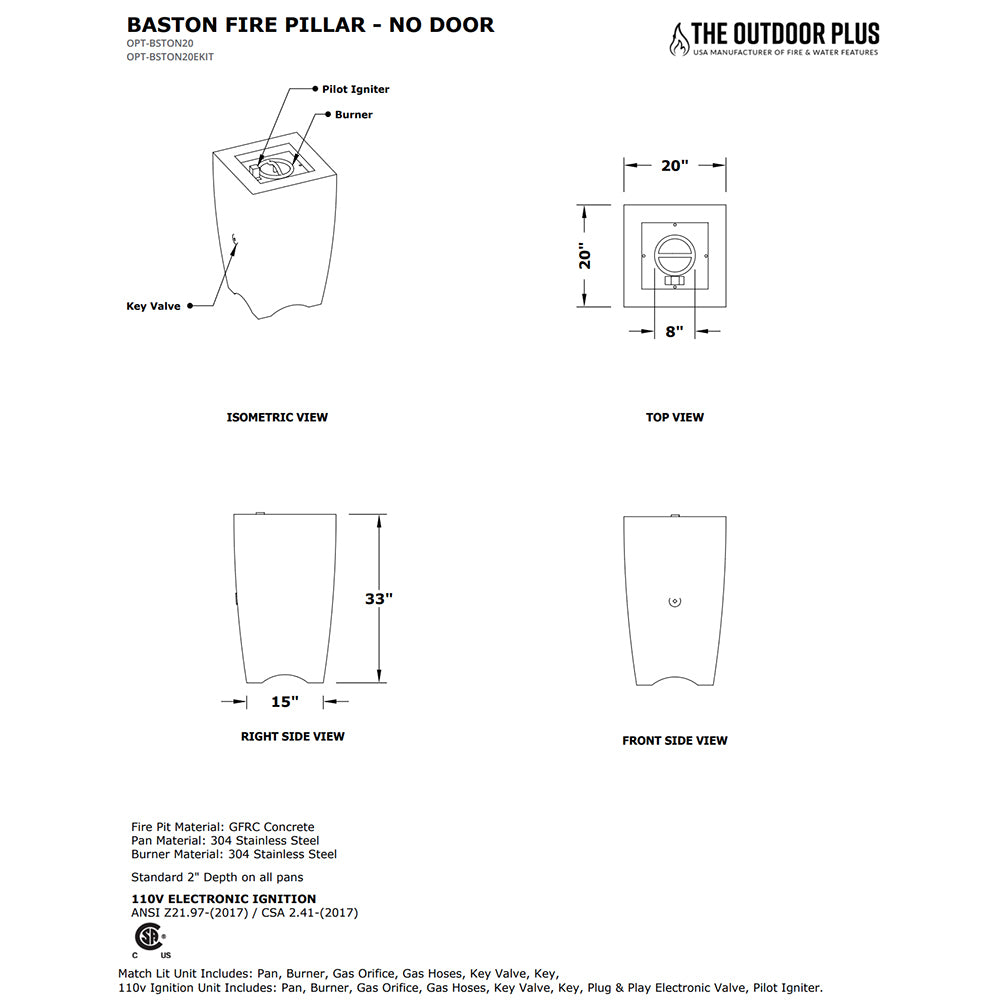 TOP Fires by The Outdoor Plus OPT-BSTON20xx Baston Concrete Fire Pillar
