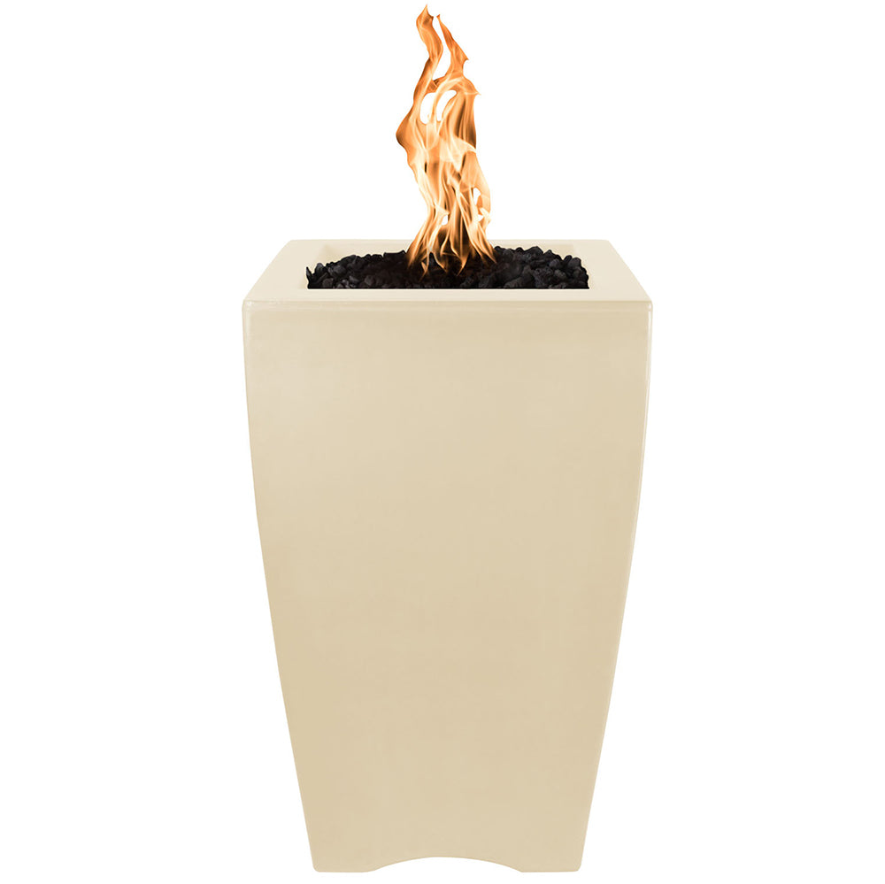 Light concrete fire pillar with flames in open top