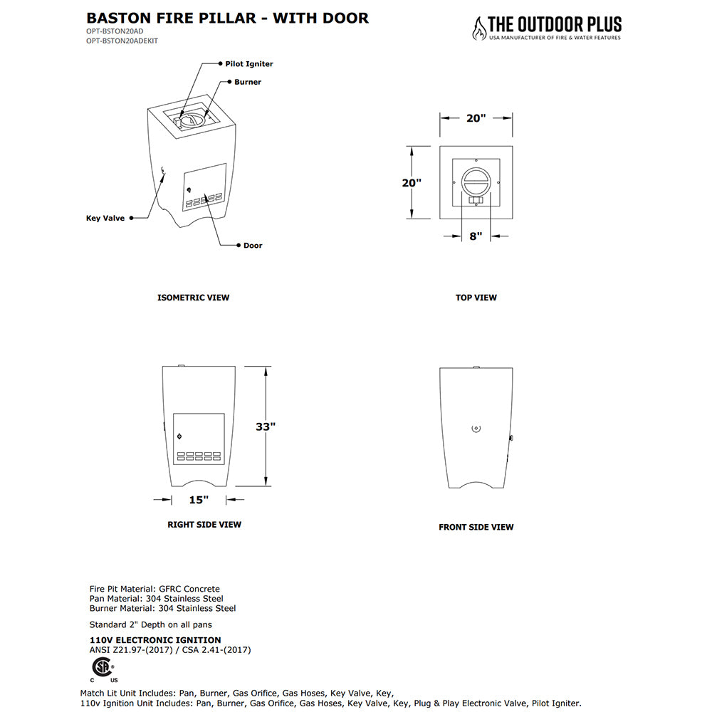 TOP Fires by The Outdoor Plus OPT-BSTON20xx Baston Concrete Fire Pillar