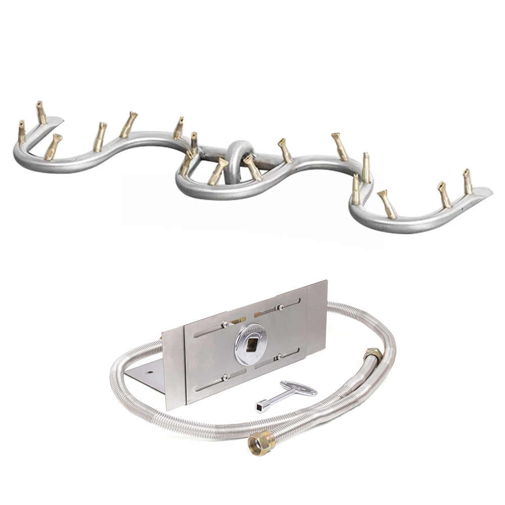 Stainless steel bullet match light gas fire pit burner kit with curved gas tubes