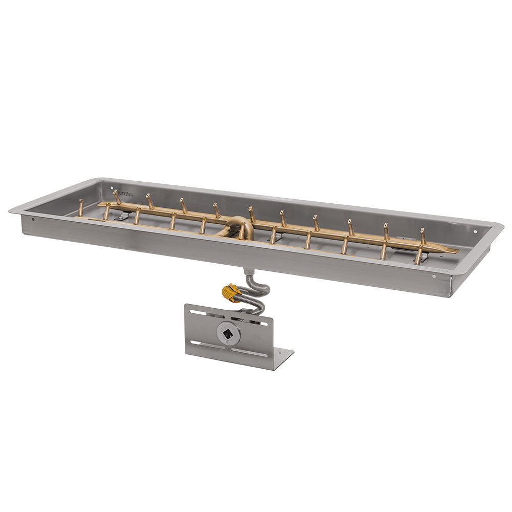 Brass linear H-style gas fire pit burner with mounting pan and gas valve control plate