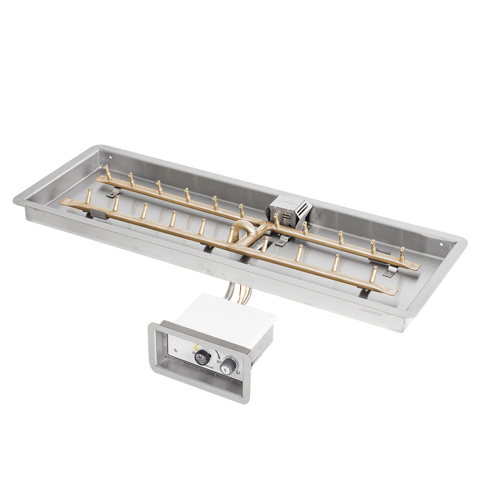 Brass H-style gas fire pit burner kit with ignition manifold and control box