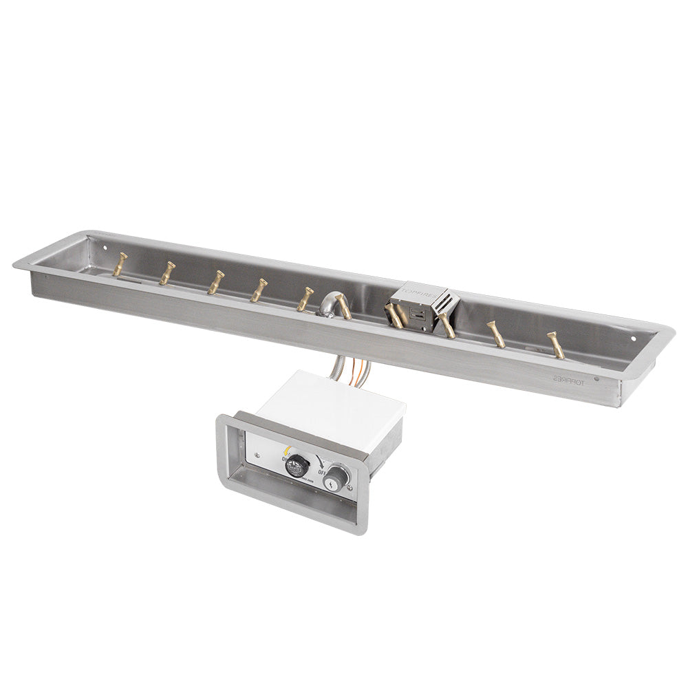Brass linear gas fire pit burner kit with spark igniter and control valve panel