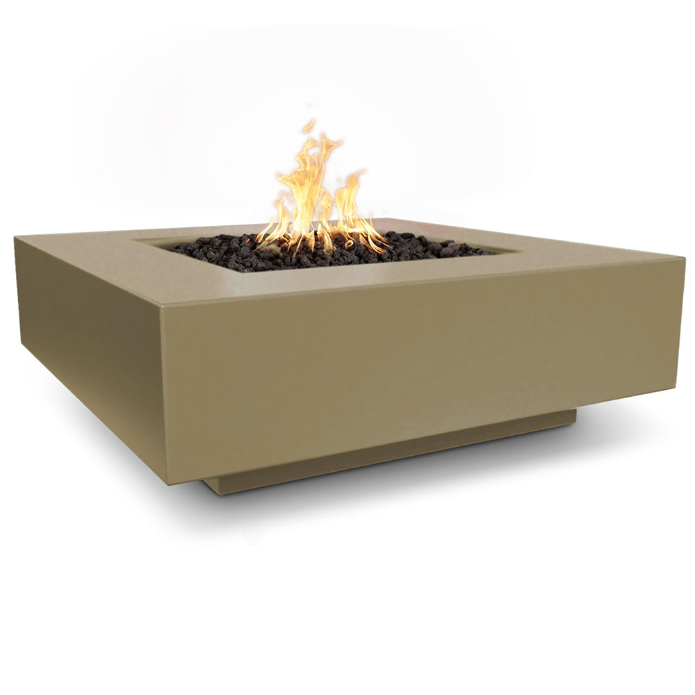 Tan square concrete gas fire pit with flames burning over black lava rocks
