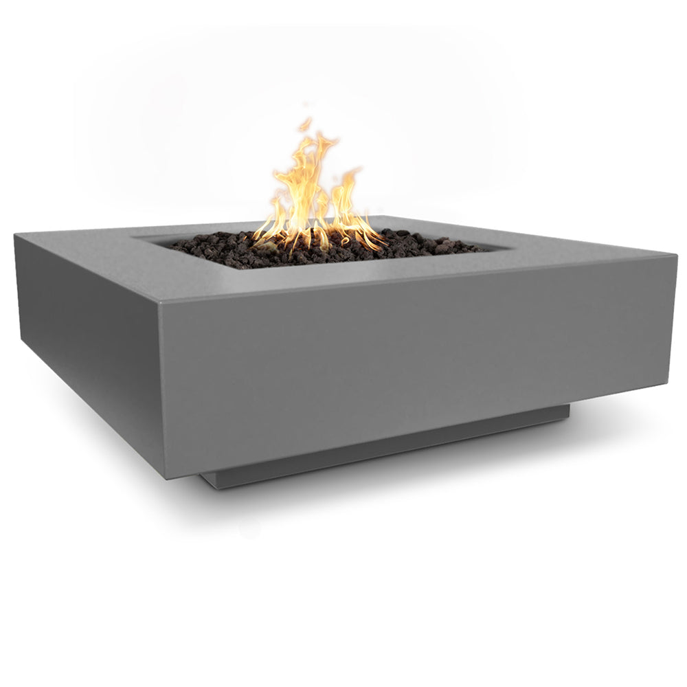 Medium gray square concrete gas fire pit with flames and black lava rocks in bowl