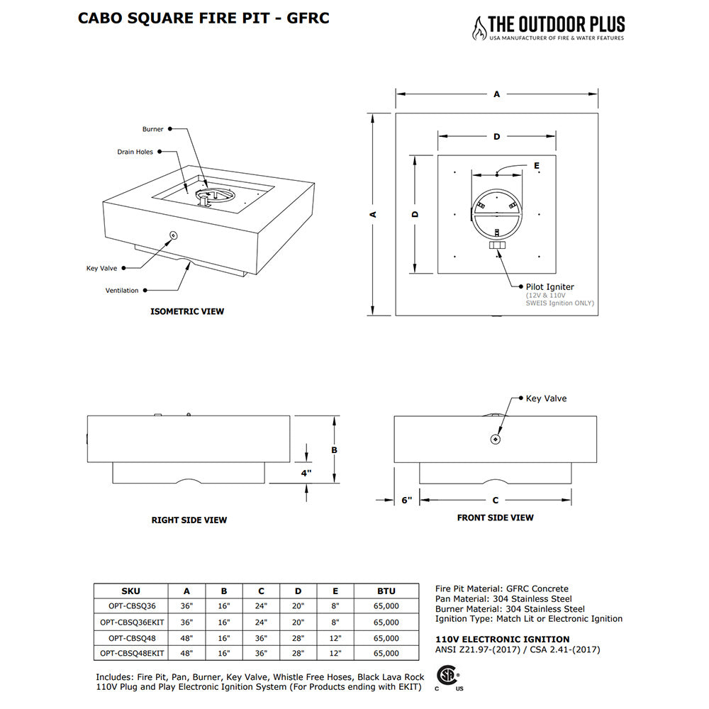 TOP Fires by The Outdoor Plus Cabo Square Concrete Gas Fire Pit