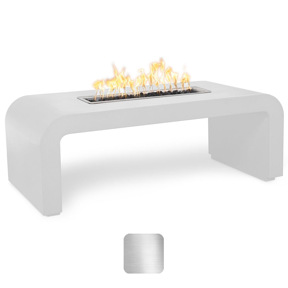 Stainless steel gas fire pit table with open flame in burner tray