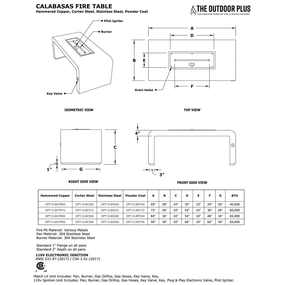 TOP Fires by The Outdoor Plus Calabasas Linear Powder Coated Steel Gas Fire Pit