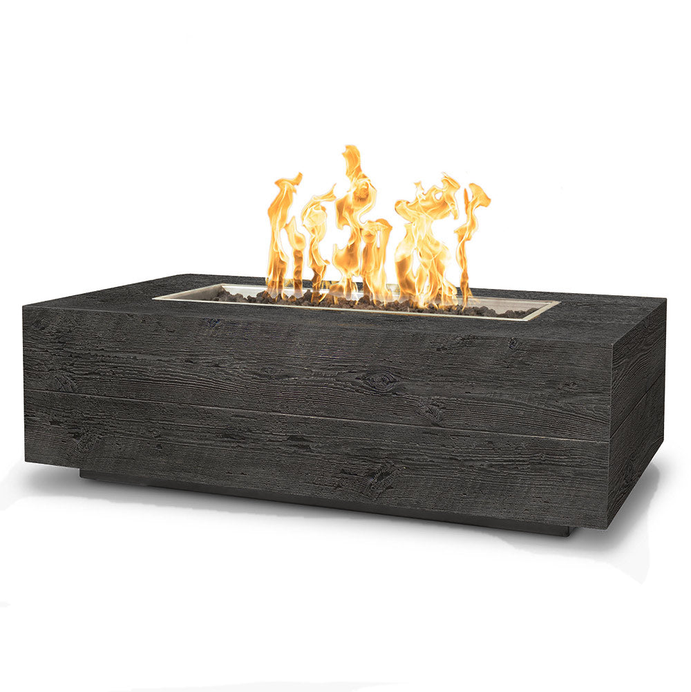Wood-grain fire pit with open flames in a dark gray concrete-style body