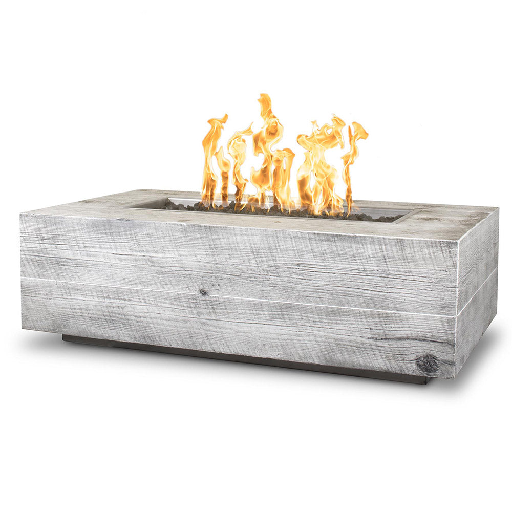 Wood-grain fire pit with open flames in a light gray concrete-style body