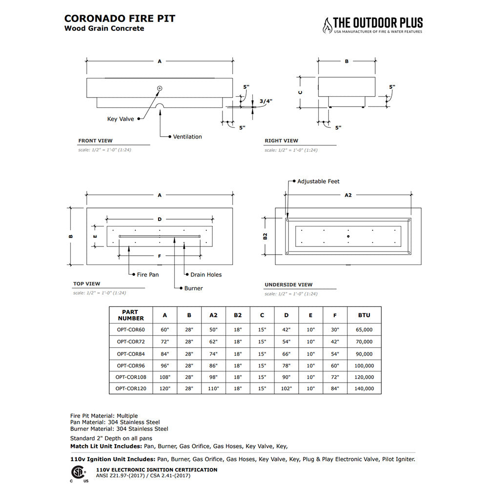 TOP Fires by The Outdoor Plus OPT-COR108x Coronado Wood Grain Fire Pit, 108x28-Inches