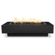 Black rectangular gas fire pit with recessed burner opening and visible flames