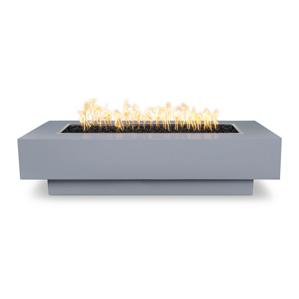 Gray linear gas fire pit with flames in the rectangular burner opening