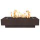 Rectangular black gas fire pit with linear flame in set burner tray
