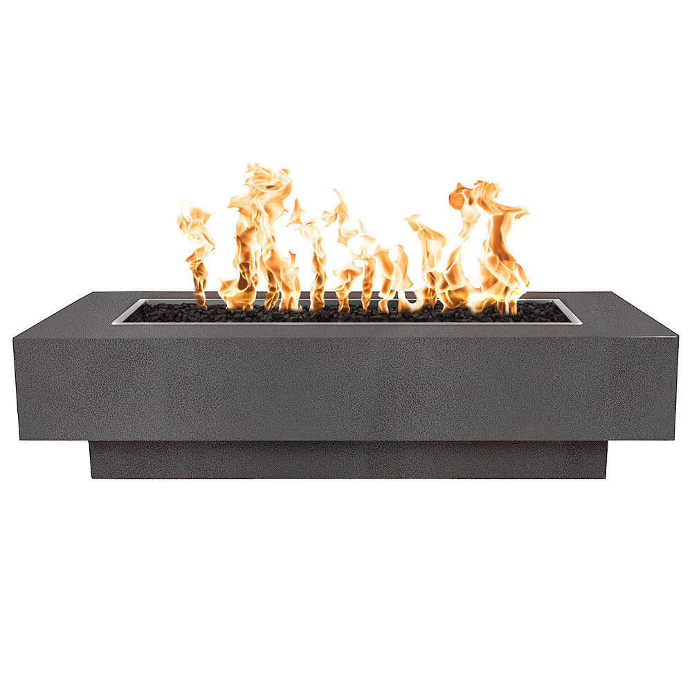 Dark linear gas fire pit with long burner tray and burning flames