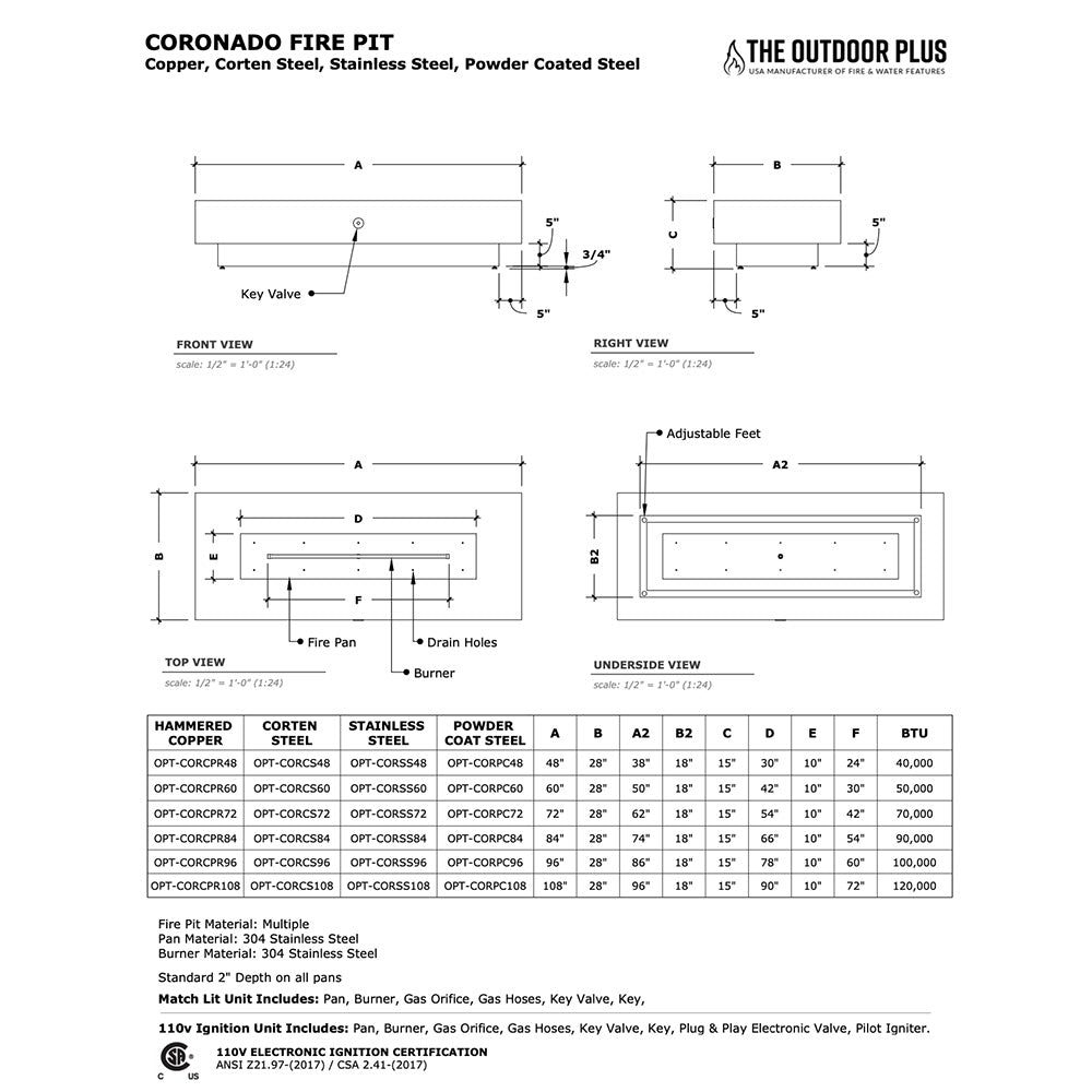 TOP Fires by The Outdoor Plus Coronado 96x28-Inch Linear Powder Coated Steel Gas Fire Pit