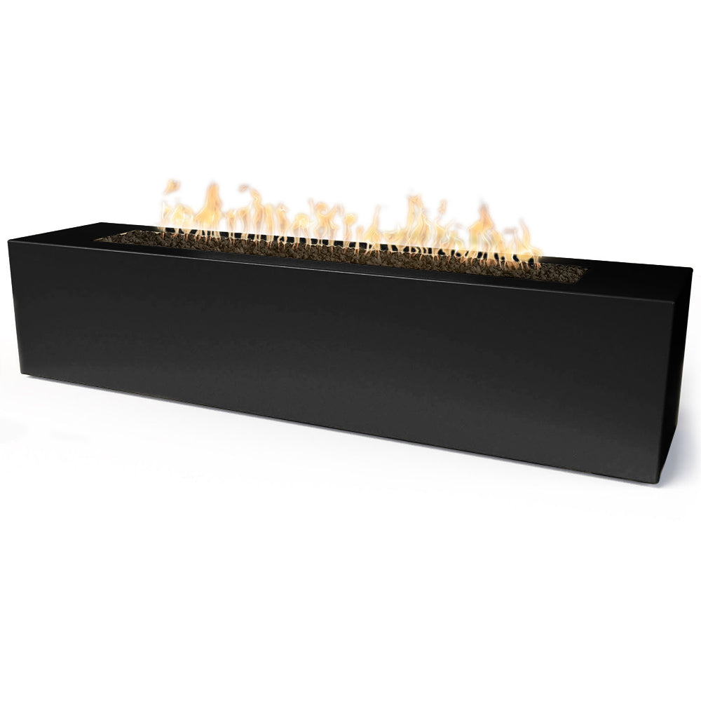 Linear concrete gas fire pit with flames, black rectangular enclosure