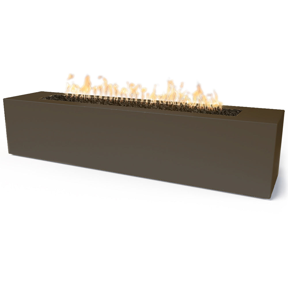 Linear concrete gas fire pit with flames, brown rectangular enclosure