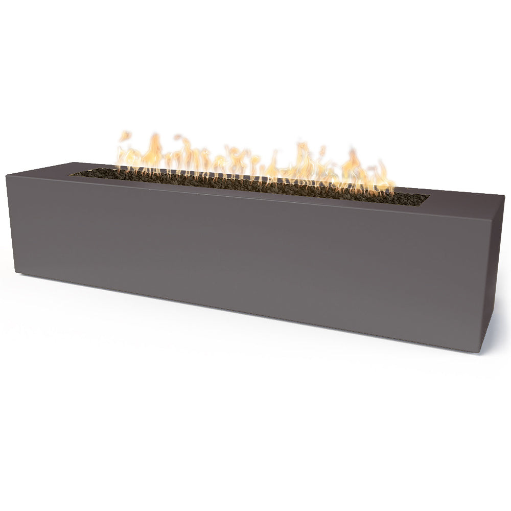 Linear concrete gas fire pit with open flame, dark gray finish