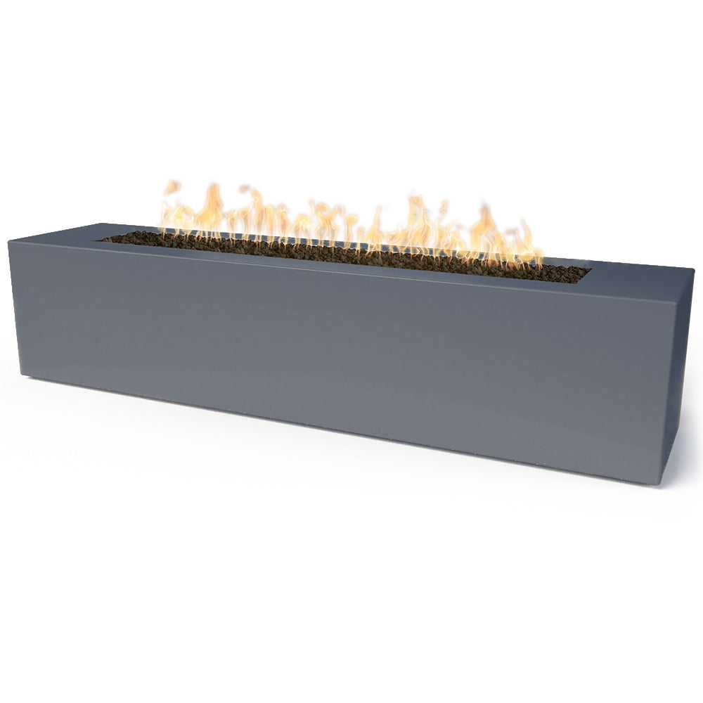 Linear concrete gas fire pit, dark gray rectangular body with open flame