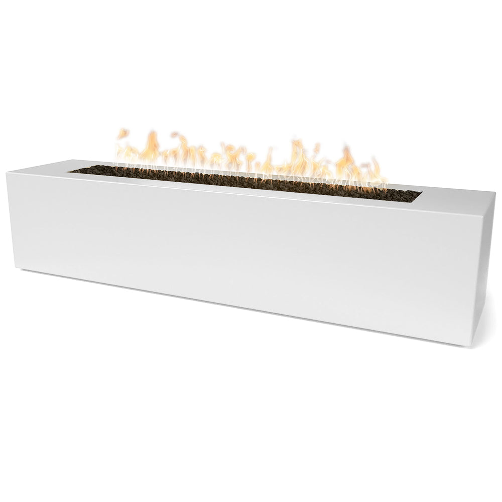 Linear concrete gas fire pit with flames, white rectangular body