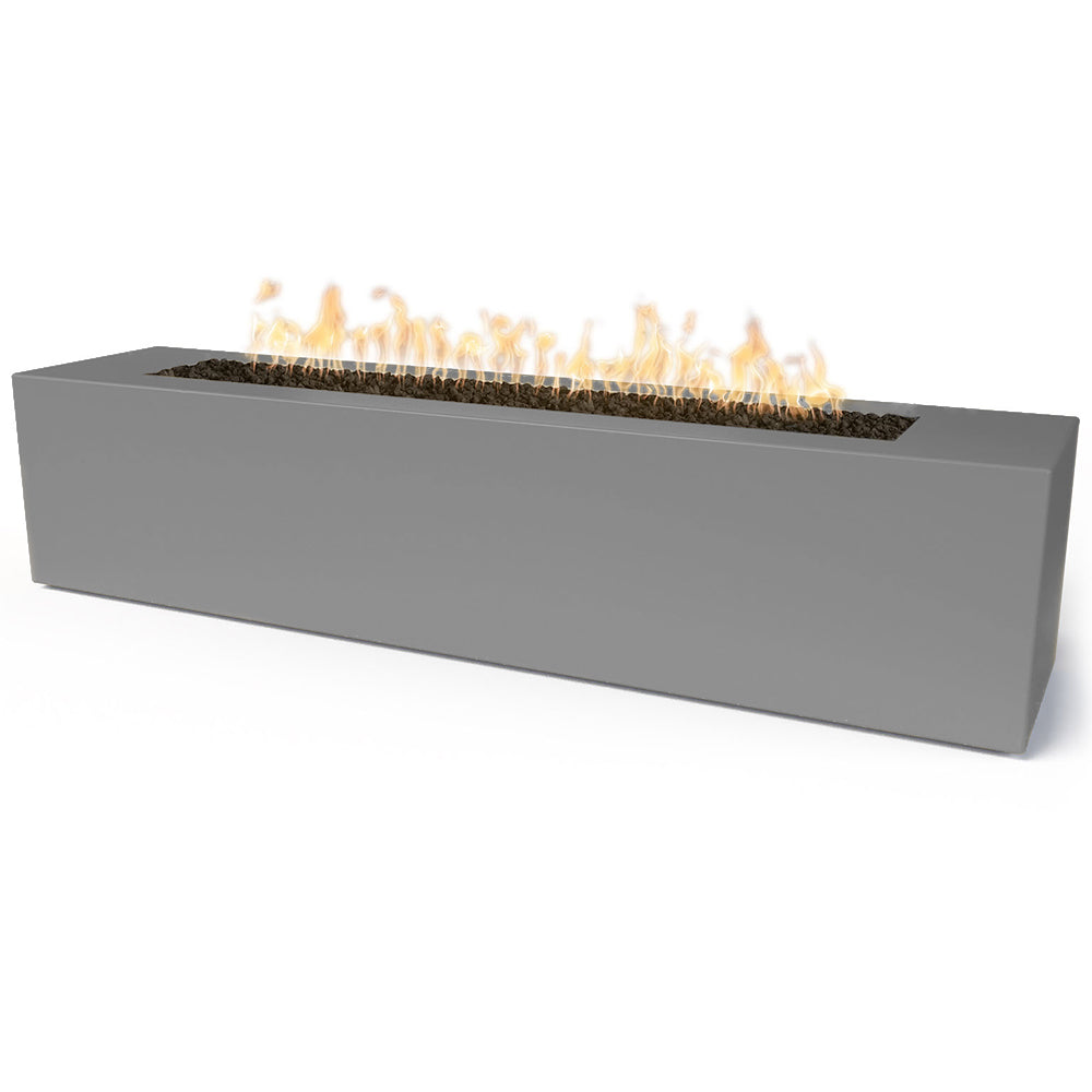 Linear concrete gas fire pit with flames, charcoal gray low profile