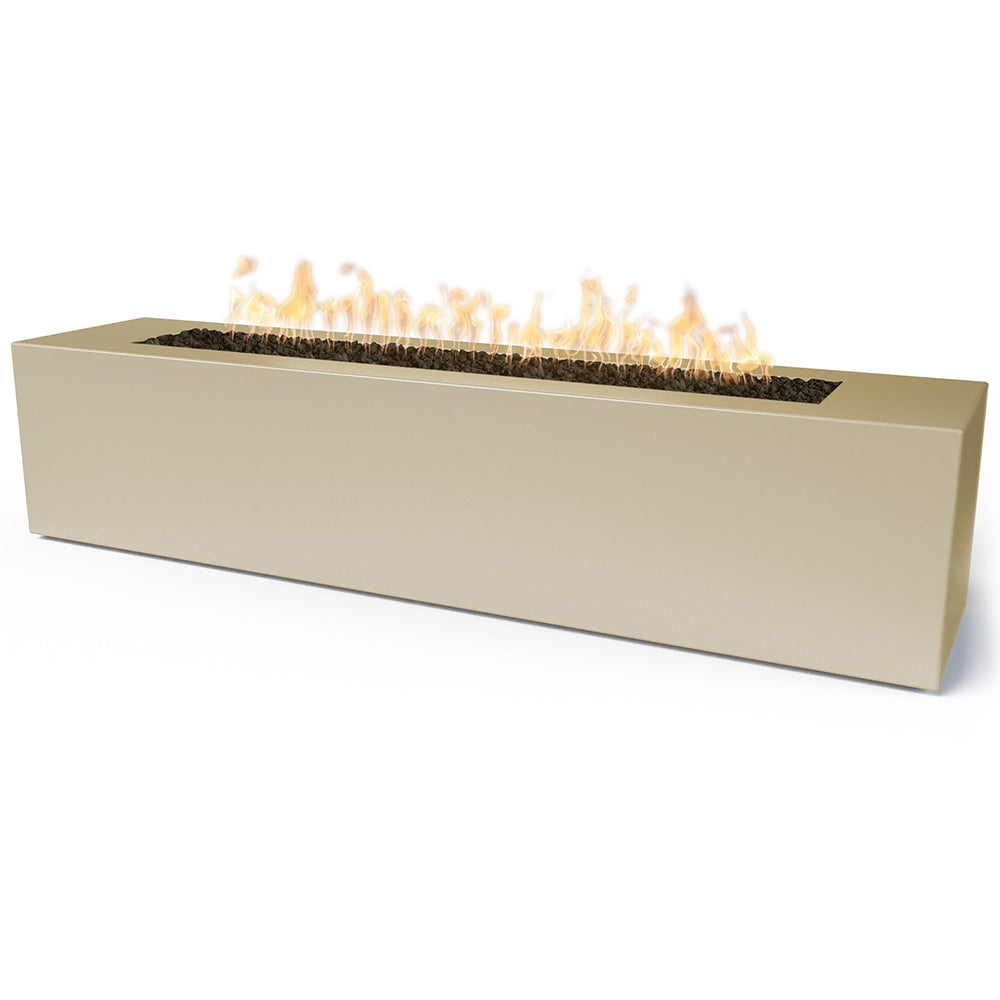 Linear concrete gas fire pit with flames, light beige rectangular body