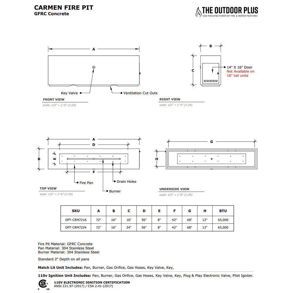 TOP Fires by The Outdoor Plus Carmen 72x16x24-Inch Linear Concrete Gas Fire Pit