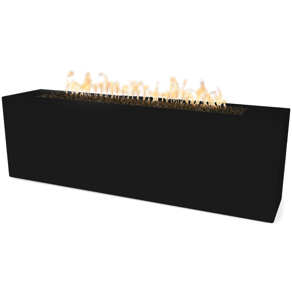 Linear gas fire pit with rectangular powder-coated steel body, flames on burner bed, black.