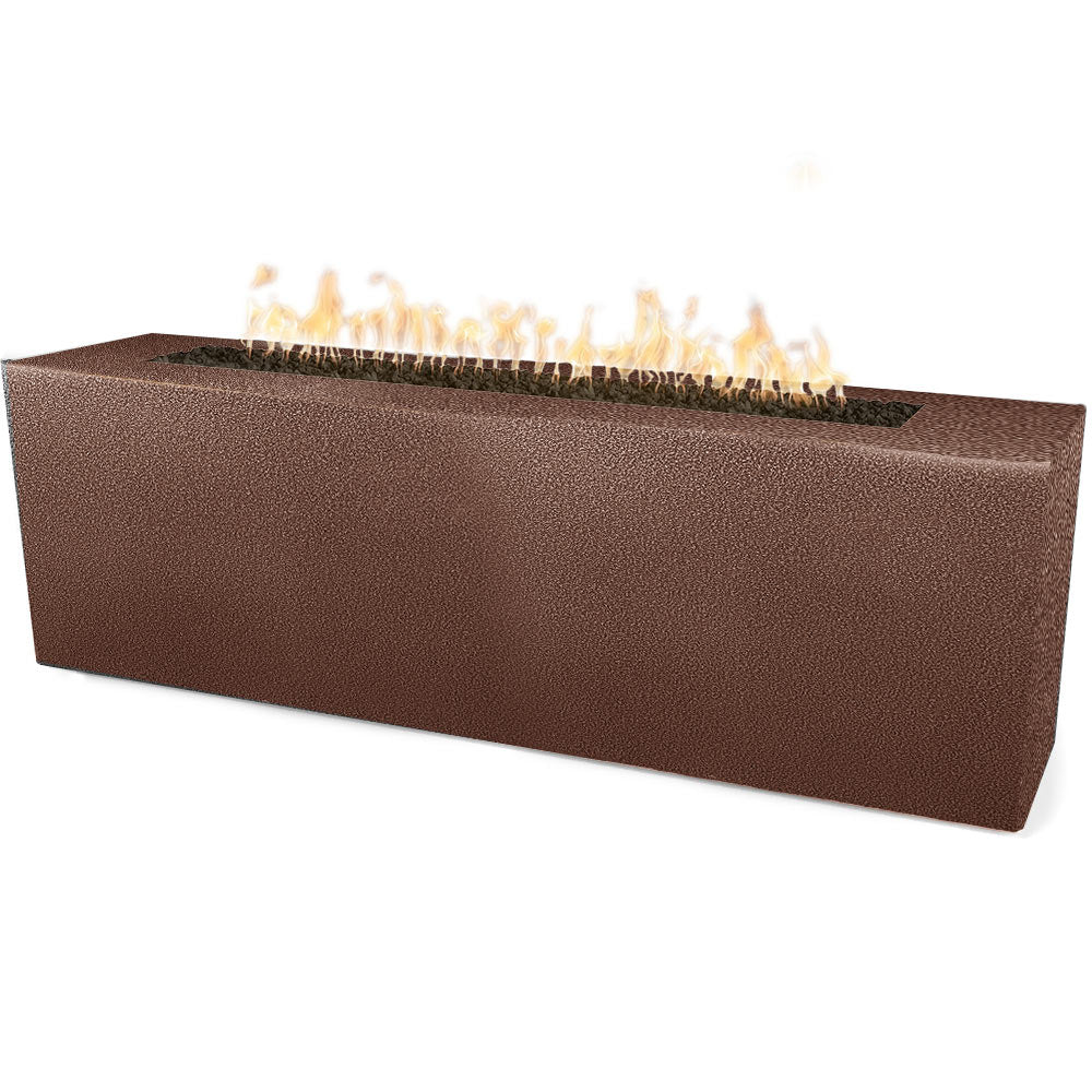 Linear gas fire pit with textured powder-coated steel body, flames on burner bed, bronze/brown.