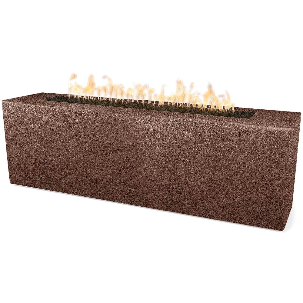 Linear gas fire pit with textured powder-coated steel body, flames on burner bed, copper-brown.