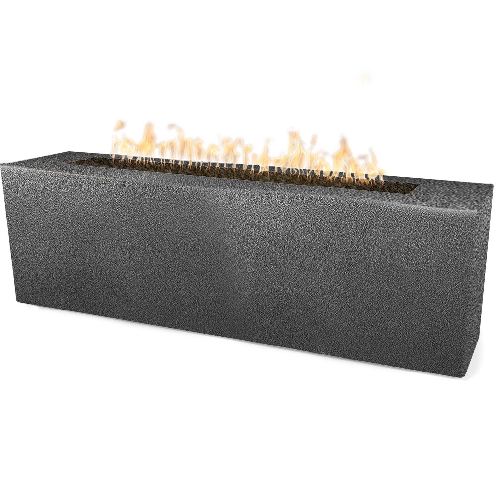 Linear gas fire pit with textured powder-coated steel body, flames on burner bed, dark gray.