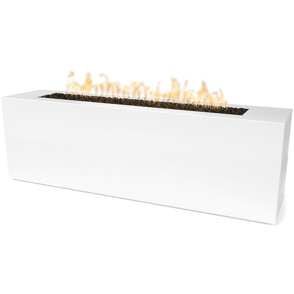 Linear gas fire pit with rectangular powder-coated steel body and flames on burner bed, white.