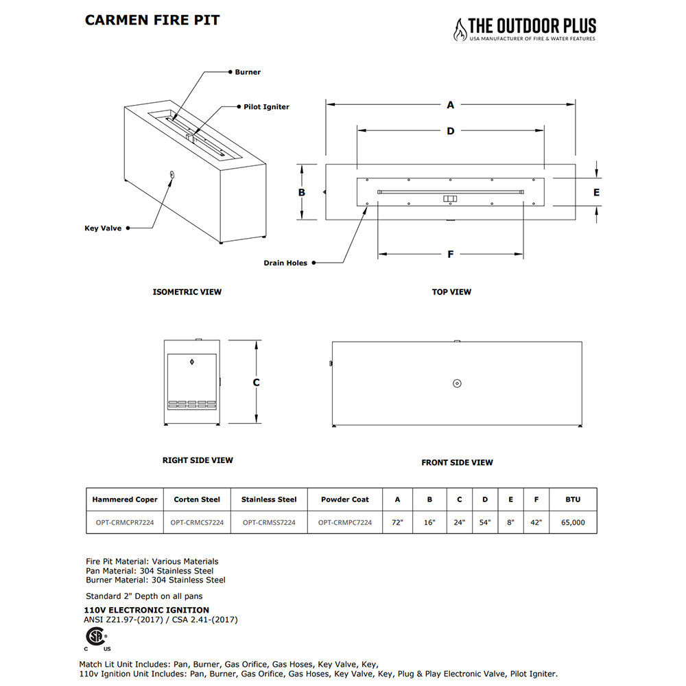 TOP Fires by The Outdoor Plus Carmen 72x24-Inch Linear Stainless Steel Gas Fire Pit