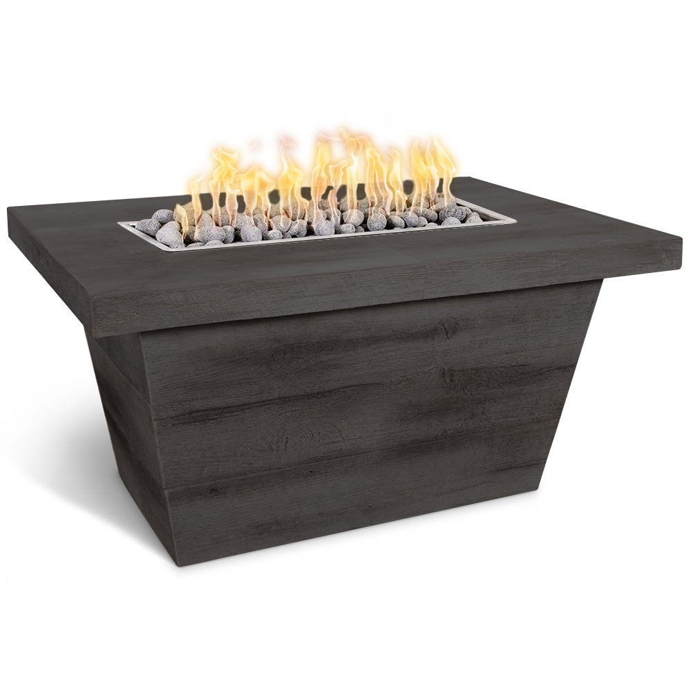 Rectangular concrete gas fire pit with dark wood-grain finish and burning flames in center