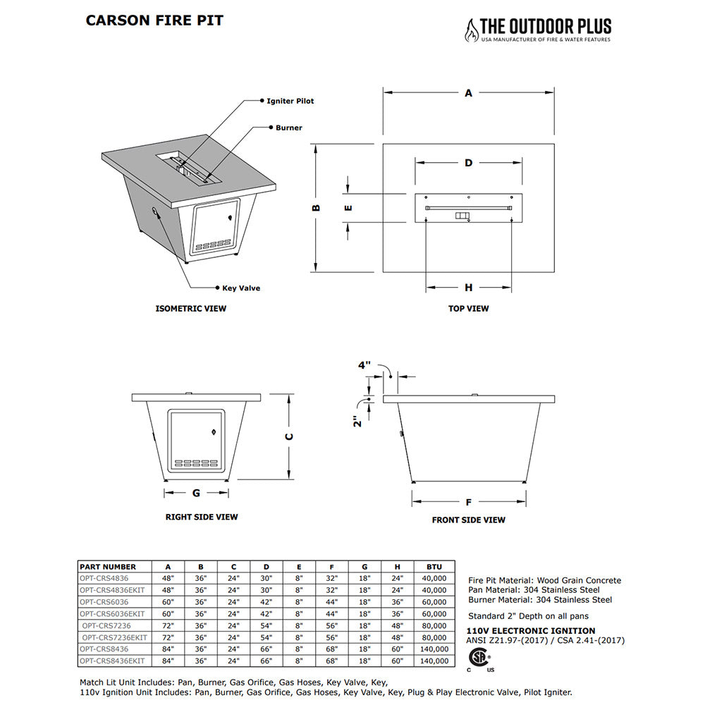 TOP Fires by The Outdoor Plus Carson 24-Inch Tall Rectangular Wood Grain Concrete Gas Fire Pit