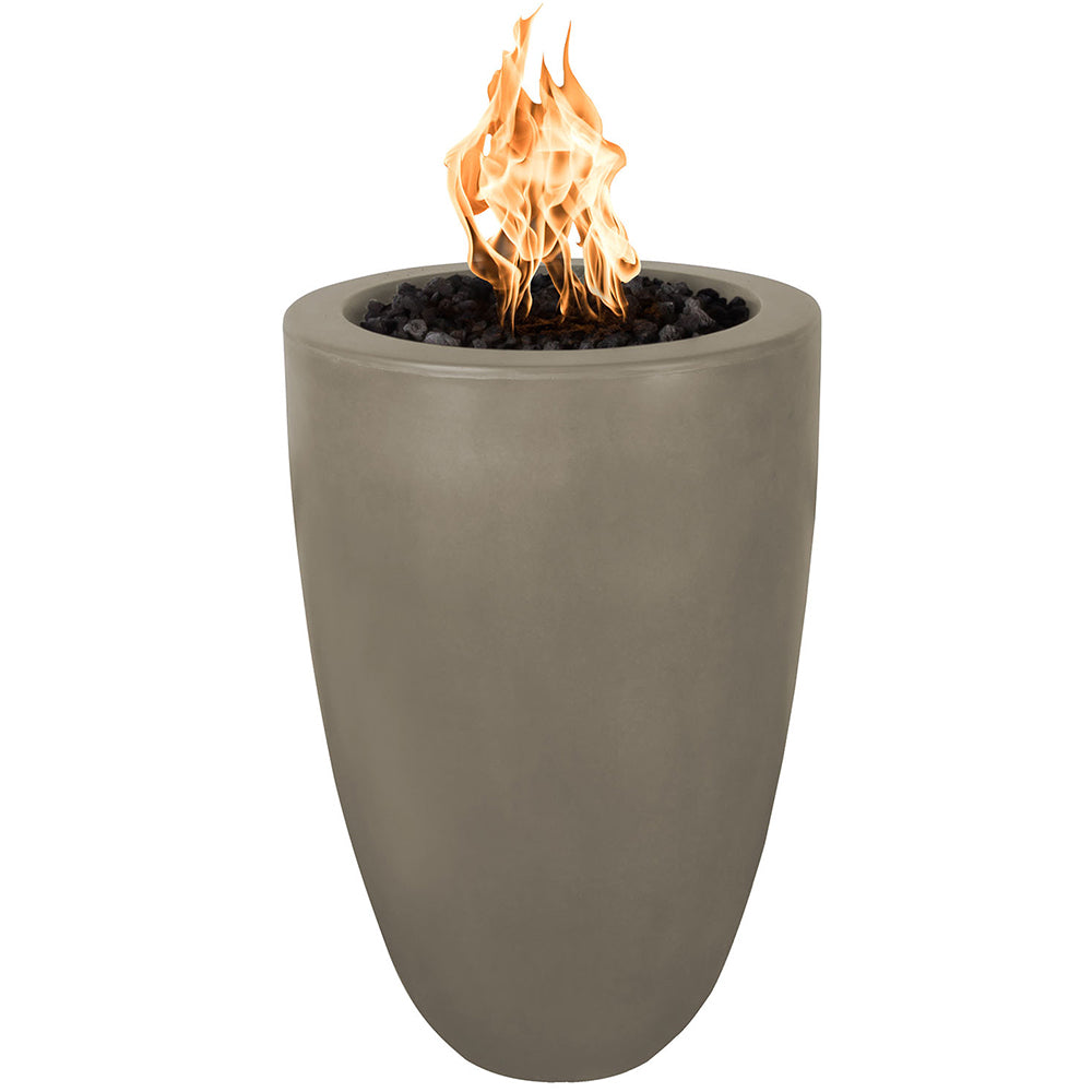 Concrete fire pillar with orange flame, tan gray finish, round top opening