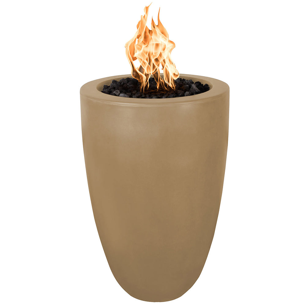 Concrete fire pillar with flames, beige finish, round fire bowl opening