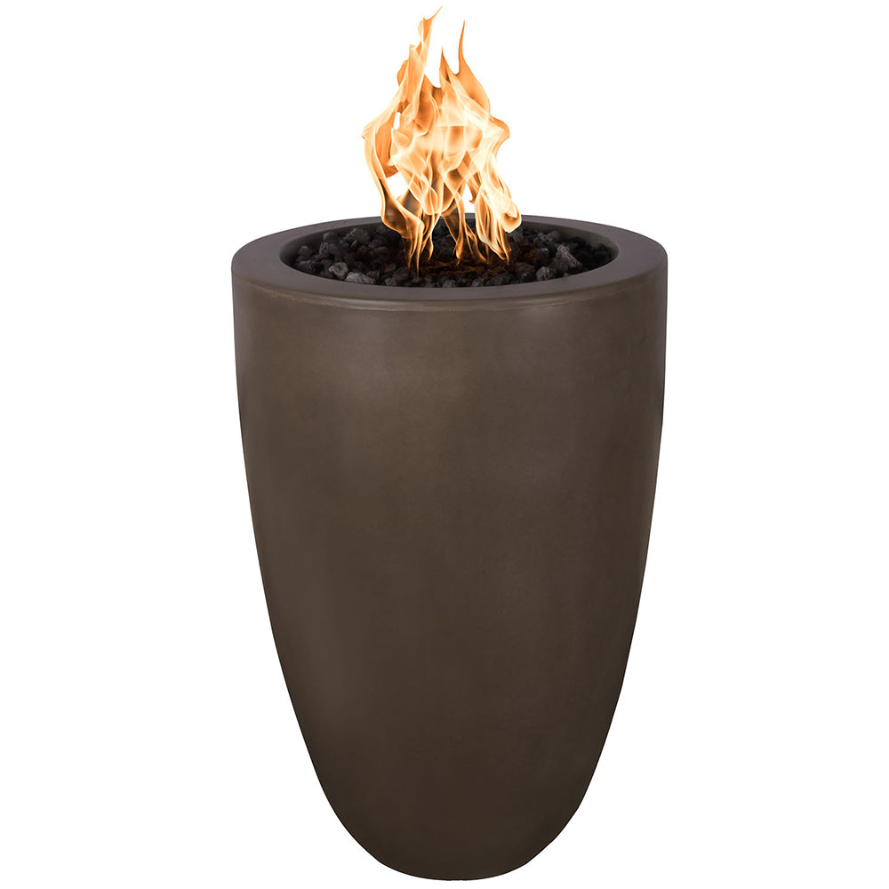 Concrete fire pillar with flames, dark gray finish, open fire bowl top