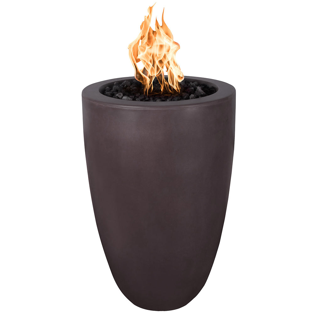 Concrete fire pillar with orange flame, dark brown/charcoal finish, round top opening