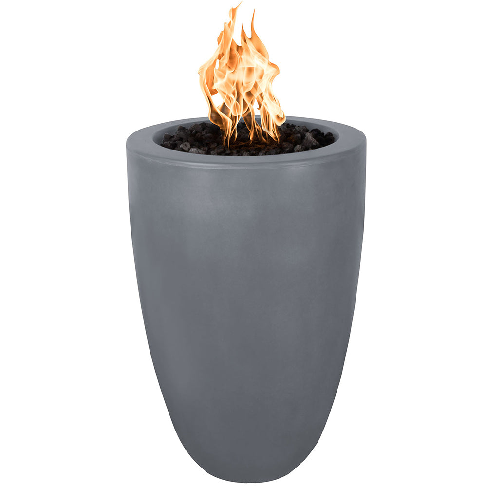 Concrete fire pillar with orange flame, blue gray finish, round top opening